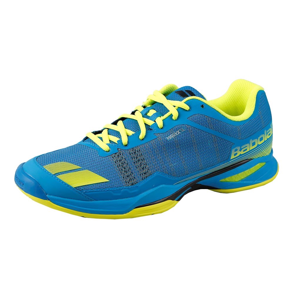 blue and yellow tennis shoes